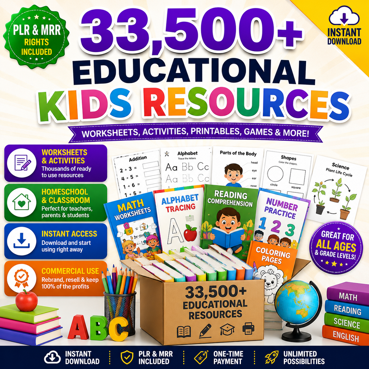 33500 Educational Kids Resources Bundle PLR, Kids Learning Bundle, Classroom Activities, digital product DFY master resell right
