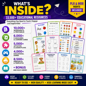 33500 Educational Kids Resources Bundle PLR, Kids Learning Bundle, Classroom Activities, digital product DFY master resell right
